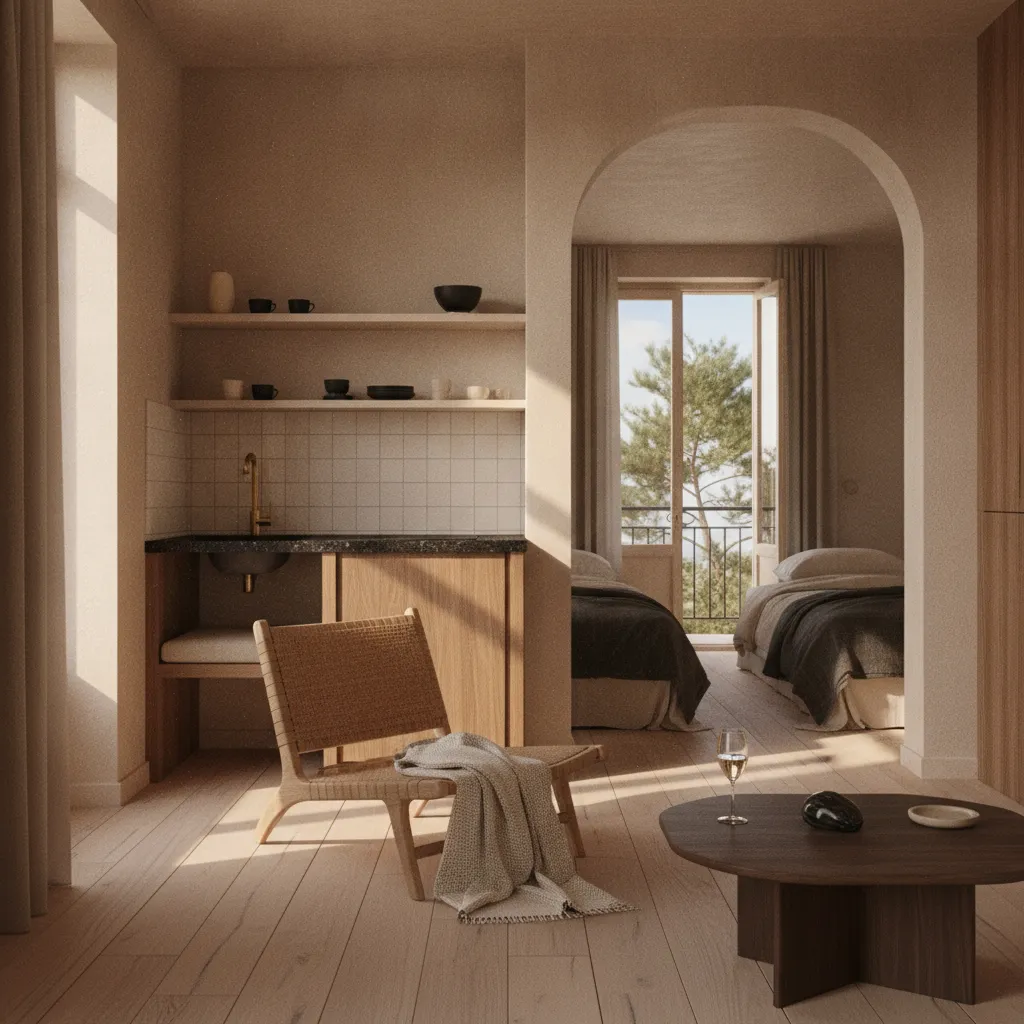 Intérieur type d'un appartement 2 pièces Azureva : fonctionnel, avec coin cuisine équipé et terrasse sous les pins