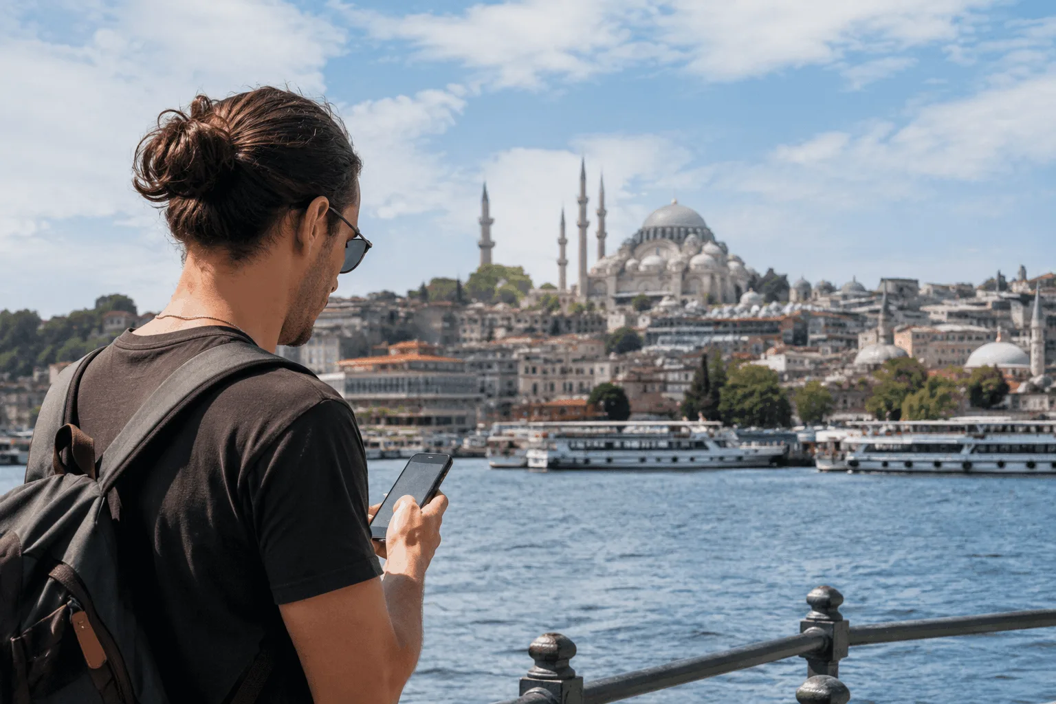 Voyageur consultant son smartphone avec une eSIM active face à la mosquée de Soliman et la Corne d Or à Istanbul