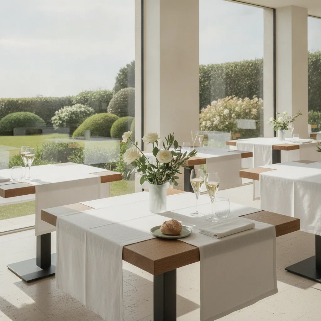 La salle de La Marine, épurée et lumineuse, ouverte sur le jardin du restaurant