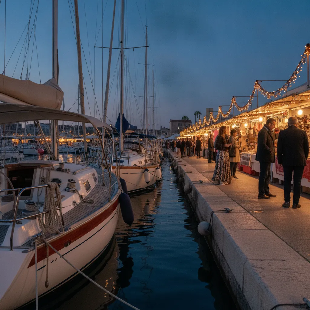 Le port de Fréjus accueille le marché nocturne du vendredi soir avec vue sur les voiliers