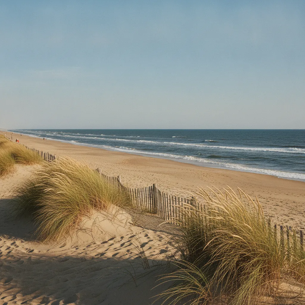 La plage de Saint-Jean-de-Monts, à seulement 12 km de Soullans : sable fin et forêt domaniale en arrière-plan