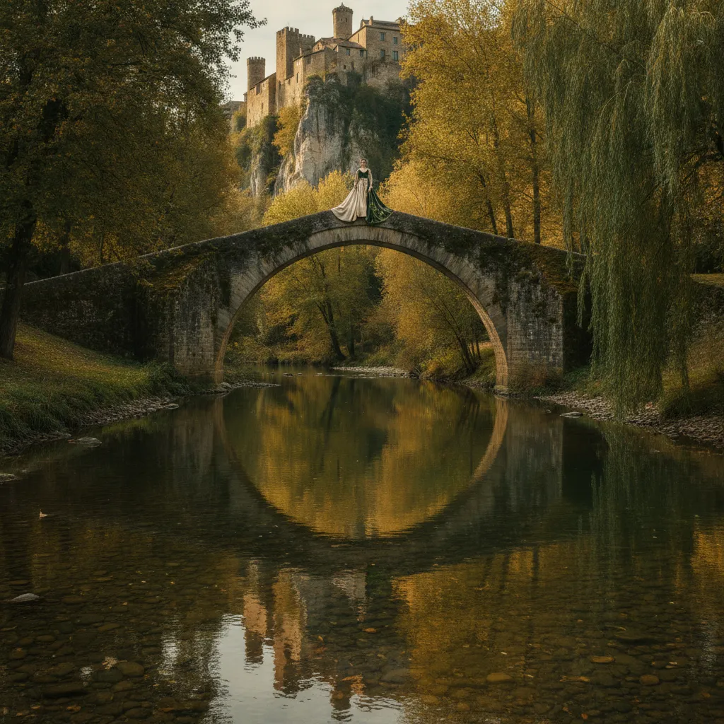 Le pont roman de Vouvant, point photo le plus prisé du village, se reflète dans les eaux calmes de la Mère